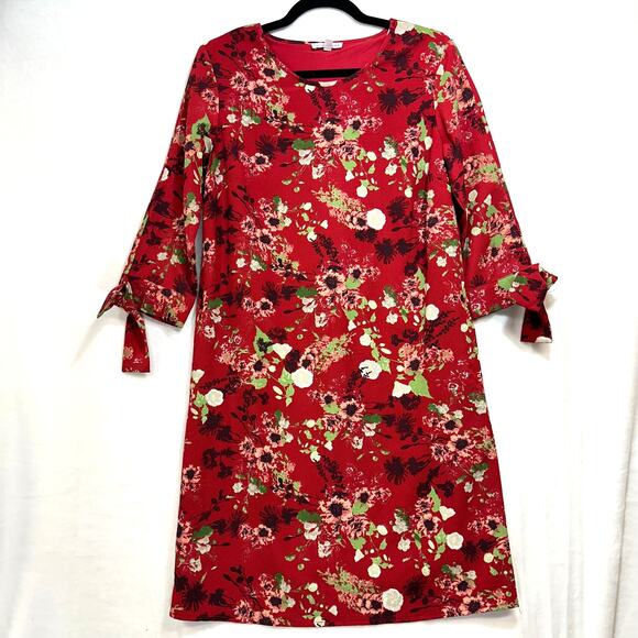 Downeast‎ Small Red Floral Midi Sheath 3/4 Designer Dress Pockets Valentine's - Picture 1 of 11